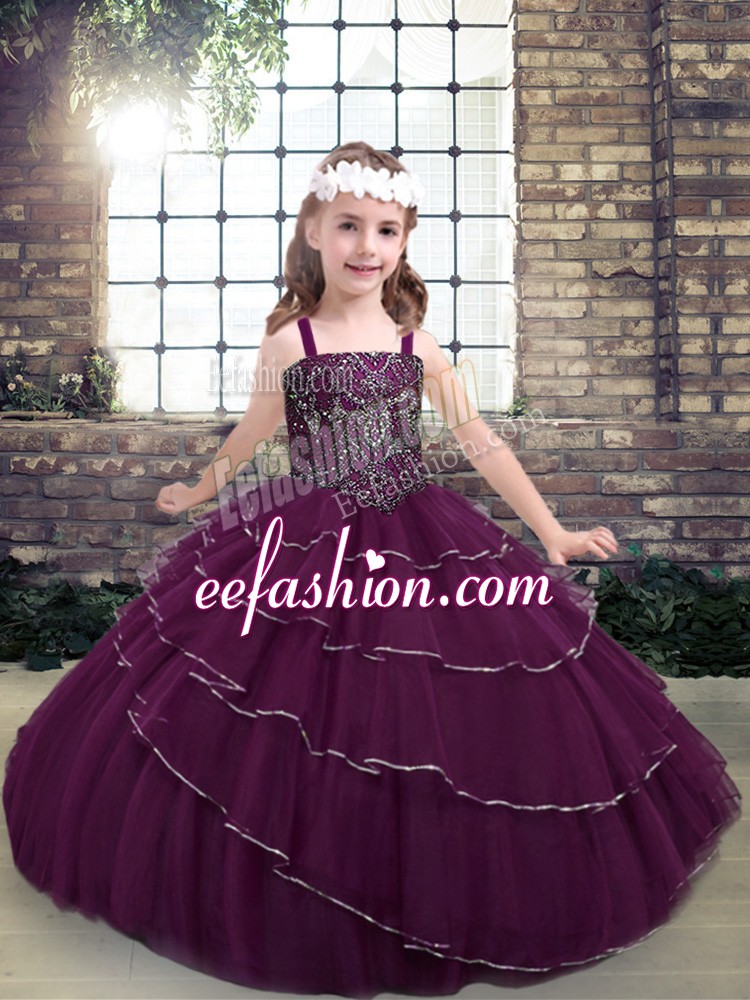  Purple Ball Gowns Beading and Ruffled Layers Little Girls Pageant Dress Wholesale Lace Up Sleeveless Floor Length