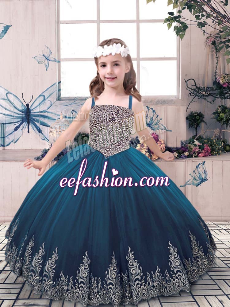  Straps Sleeveless Lace Up Pageant Dress Teal Tulle