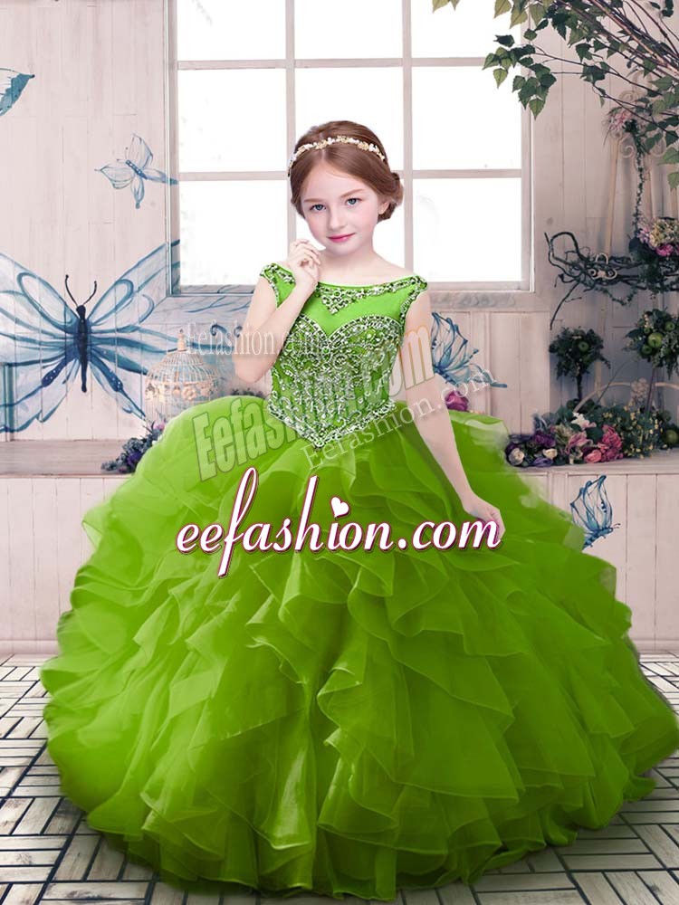 Custom Fit Floor Length Green Pageant Dress Organza Sleeveless Beading