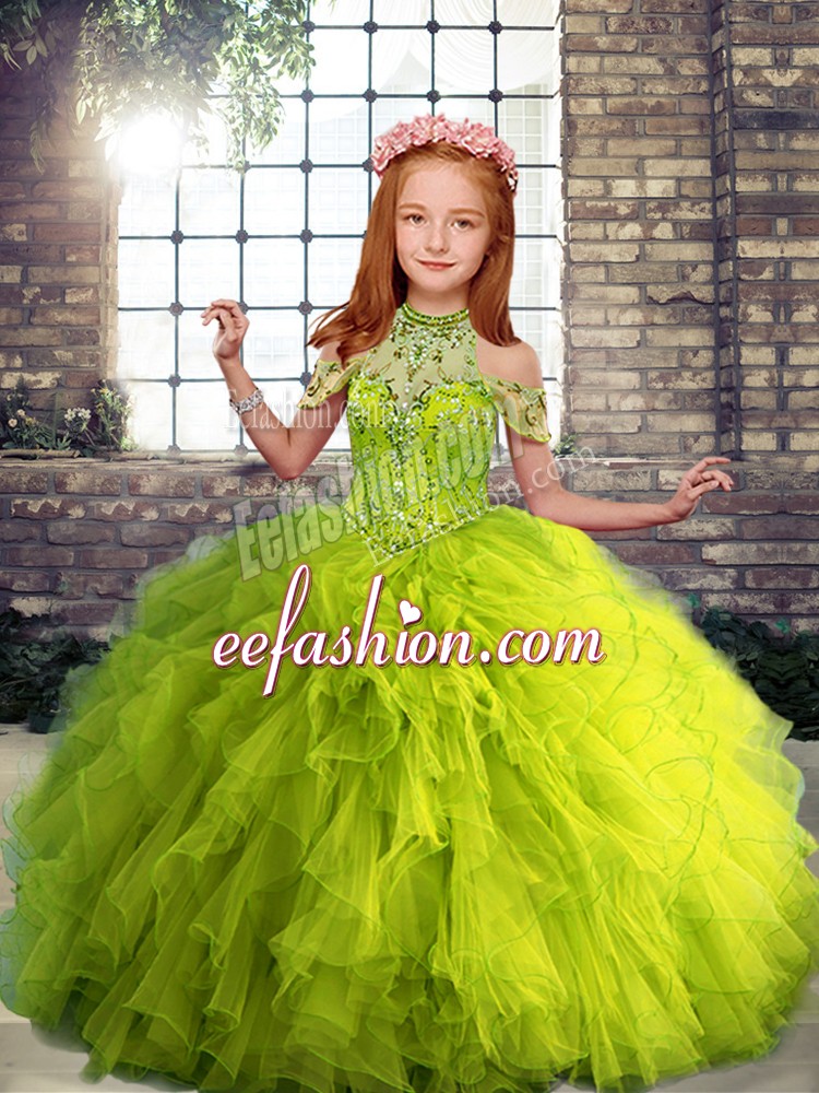 High Class Yellow Green Ball Gowns Beading and Ruffles Little Girls Pageant Gowns Lace Up Tulle Sleeveless Floor Length
