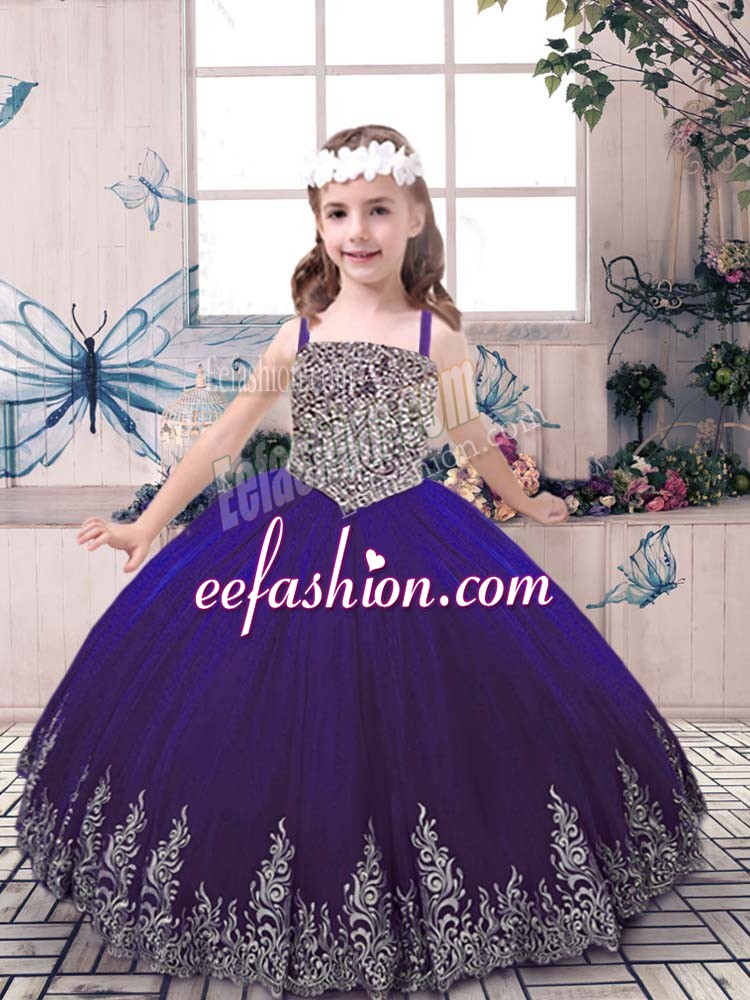  Purple Straps Neckline Beading and Embroidery Little Girl Pageant Dress Sleeveless Lace Up