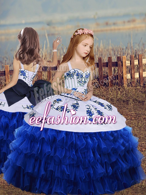Simple Royal Blue Ball Gowns Organza Straps Long Sleeves Embroidery and Ruffled Layers Floor Length Lace Up Little Girls Pageant Gowns