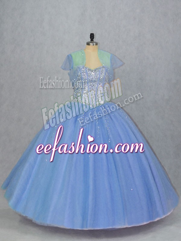 Top Selling Sweetheart Sleeveless Quince Ball Gowns Floor Length Beading Blue Tulle