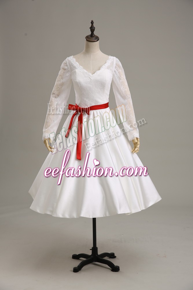 Clearance White Ball Gowns V-neck Long Sleeves Satin Tea Length Clasp Handle Lace and Sashes ribbons Wedding Dresses