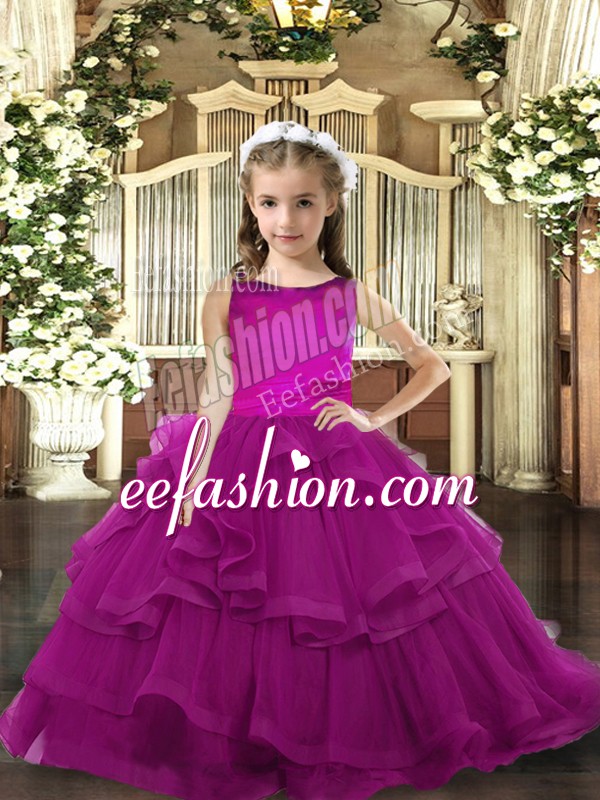 Wonderful Floor Length Purple Little Girls Pageant Gowns Scoop Sleeveless Lace Up