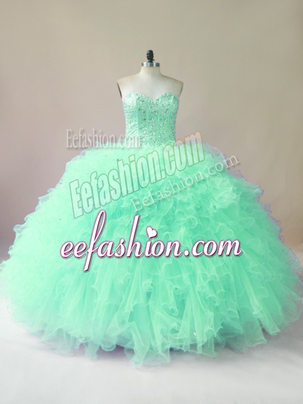  Apple Green Ball Gowns Sweetheart Sleeveless Tulle Floor Length Lace Up Beading and Ruffles Sweet 16 Dresses
