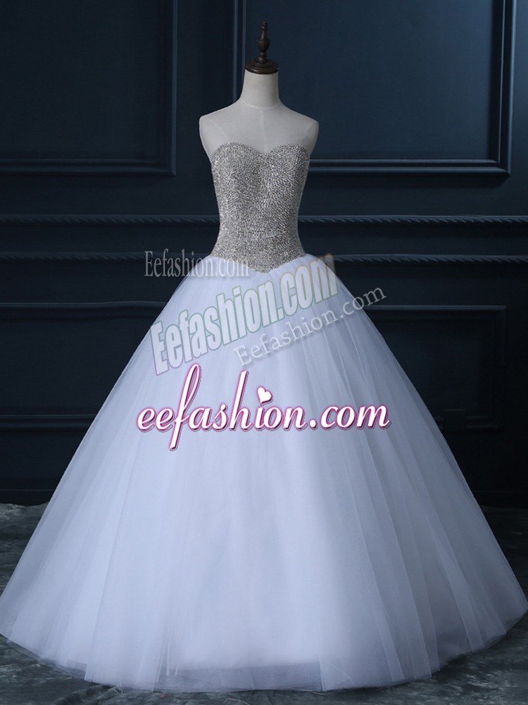 Great Tulle Sweetheart Sleeveless Zipper Beading and Bowknot Bridal Gown in White