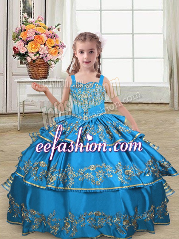  Blue Straps Neckline Embroidery and Ruffled Layers Winning Pageant Gowns Sleeveless Lace Up