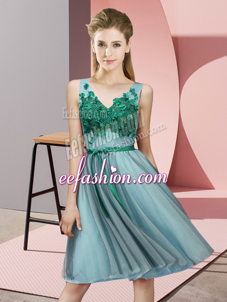 Simple Aqua Blue V-neck Lace Up Appliques Court Dresses for Sweet 16 Sleeveless