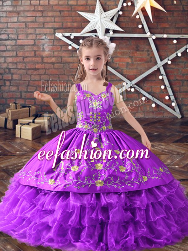  Lavender Lace Up Pageant Dresses Embroidery and Ruffled Layers Sleeveless Floor Length