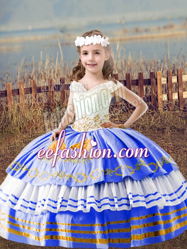 Custom Made Floor Length Blue Custom Made Pageant Dress Satin Sleeveless Embroidery