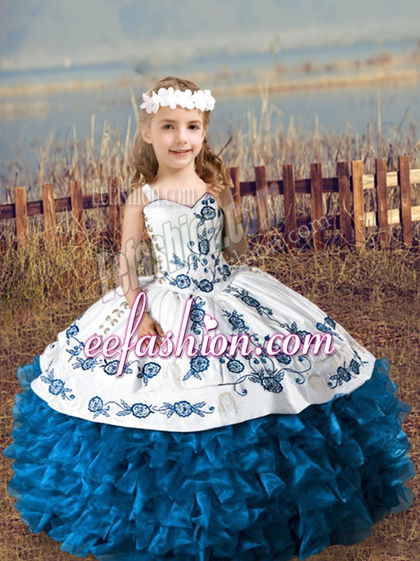  Blue Ball Gowns Embroidery and Ruffles Pageant Gowns For Girls Lace Up Organza Sleeveless Floor Length
