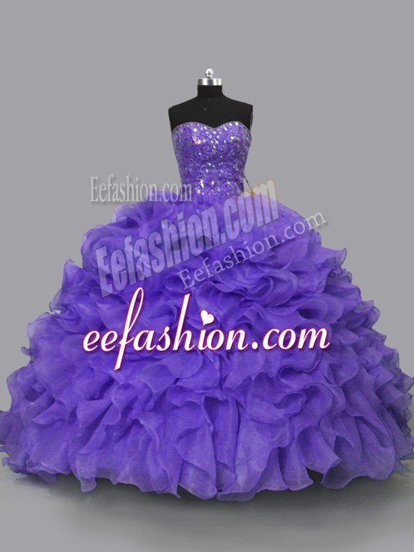Fitting Purple Sweet 16 Quinceanera Dress Sweet 16 and Quinceanera with Beading and Ruffles Sweetheart Sleeveless Lace Up