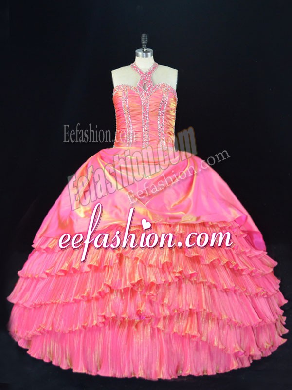 High Class Rose Pink Ball Gowns Halter Top Sleeveless Organza Floor Length Lace Up Beading and Ruffled Layers Ball Gown Prom Dress