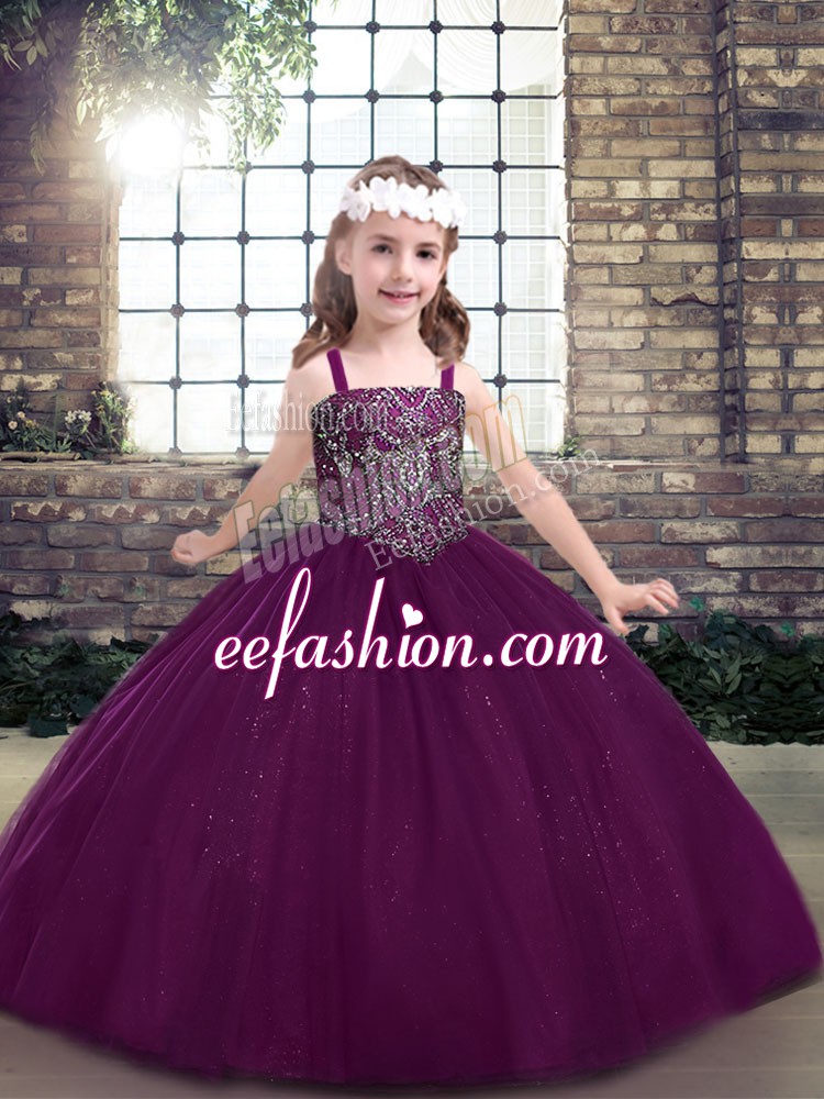  Beading Little Girls Pageant Gowns Eggplant Purple Lace Up Sleeveless Floor Length