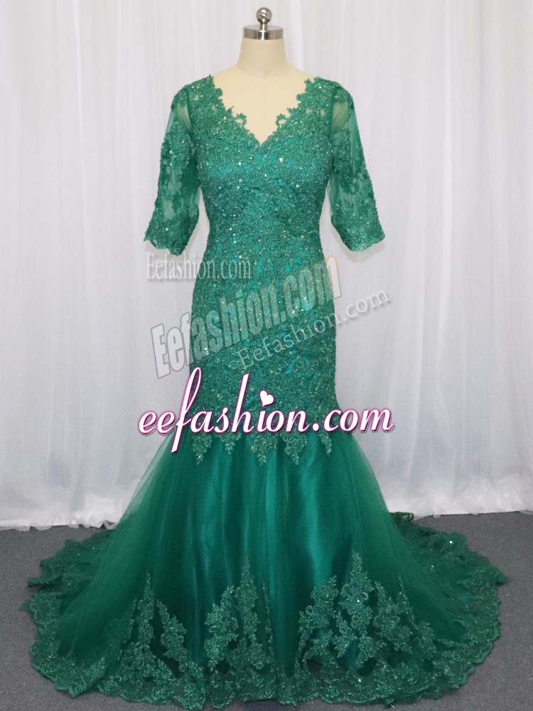  Half Sleeves Lace and Appliques Lace Up Prom Dresses with Green Brush Train