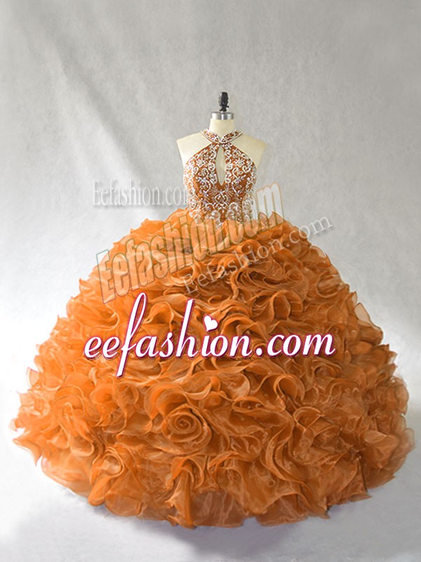 Simple Beading and Ruffles Vestidos de Quinceanera Orange and Brown Lace Up Sleeveless Brush Train