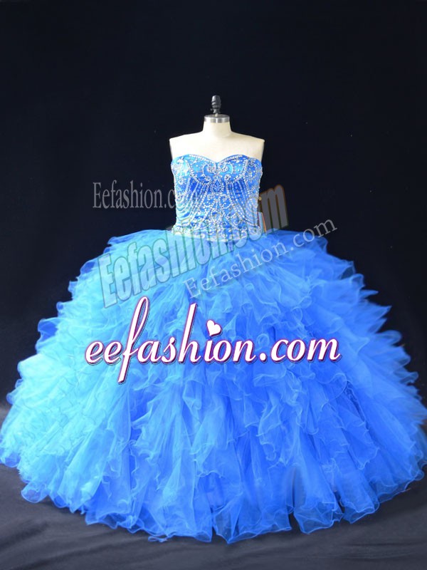 Captivating Blue Organza Lace Up Sweet 16 Dresses Sleeveless Floor Length Beading and Ruffles