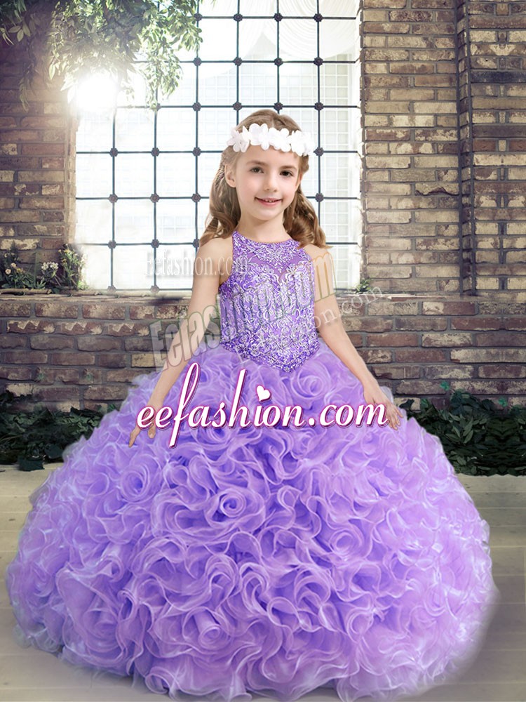  Scoop Sleeveless Lace Up Pageant Dress for Womens Lavender Fabric With Rolling Flowers