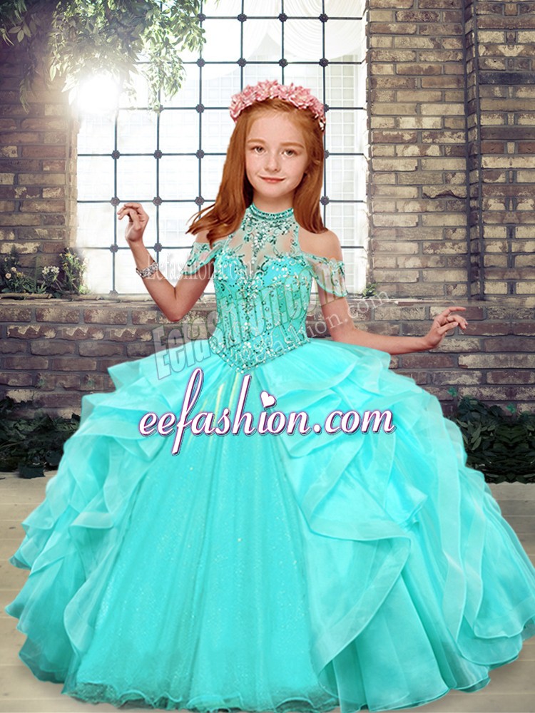 Low Price Aqua Blue High-neck Neckline Beading and Ruffles Little Girls Pageant Dress Sleeveless Lace Up