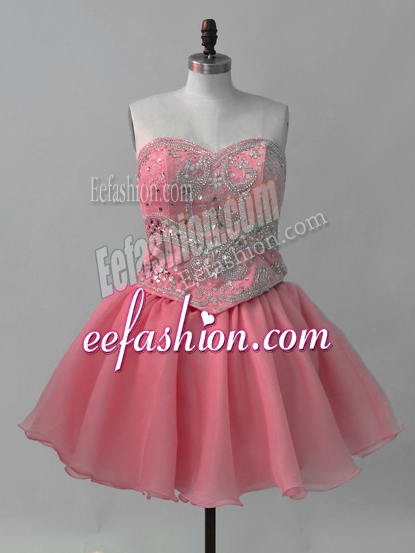  Watermelon Red Organza Lace Up Sweetheart Sleeveless Mini Length Prom Evening Gown Beading