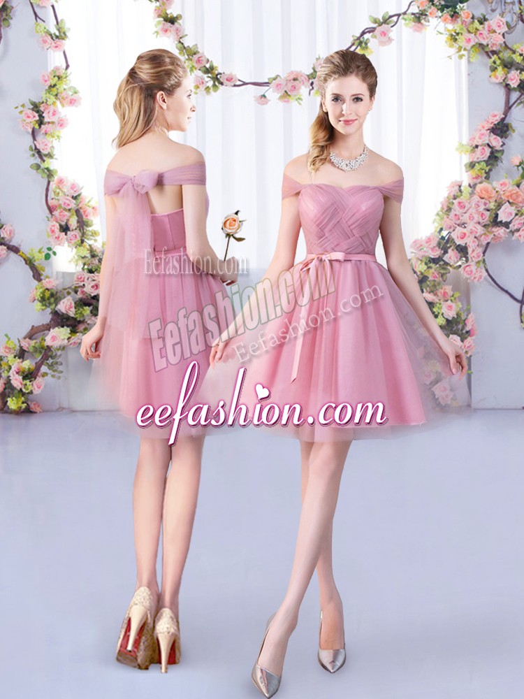 Decent Pink Sleeveless Tulle Lace Up Bridesmaid Dresses for Wedding Party