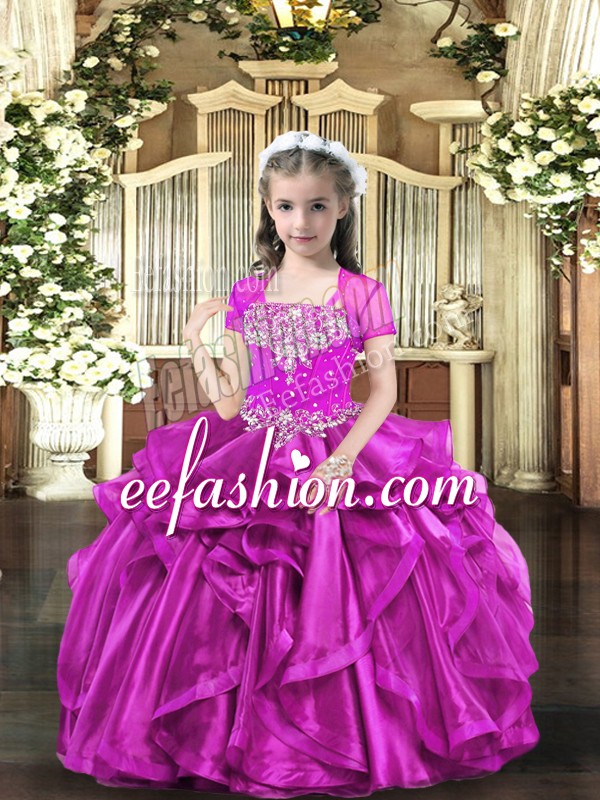 Simple Organza Straps Sleeveless Lace Up Beading and Ruffles Little Girl Pageant Dress in Fuchsia