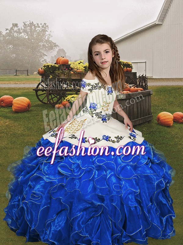 Cute Royal Blue Straps Lace Up Embroidery and Ruffles Little Girls Pageant Gowns Sleeveless