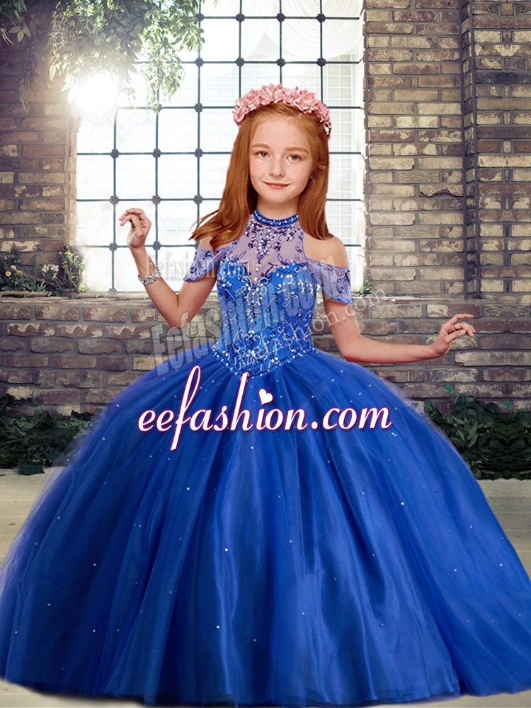 Classical Royal Blue Ball Gowns High-neck Sleeveless Floor Length Lace Up Beading and Ruffles Little Girl Pageant Dress
