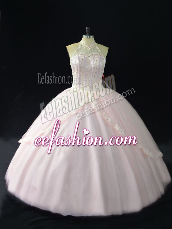  Pink Sleeveless Tulle Lace Up Sweet 16 Dresses for Sweet 16 and Quinceanera