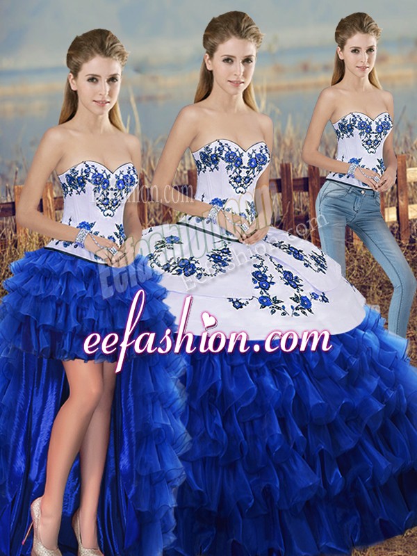Glorious Royal Blue Three Pieces Embroidery and Ruffled Layers and Bowknot Quinceanera Dresses Lace Up Organza Sleeveless Floor Length