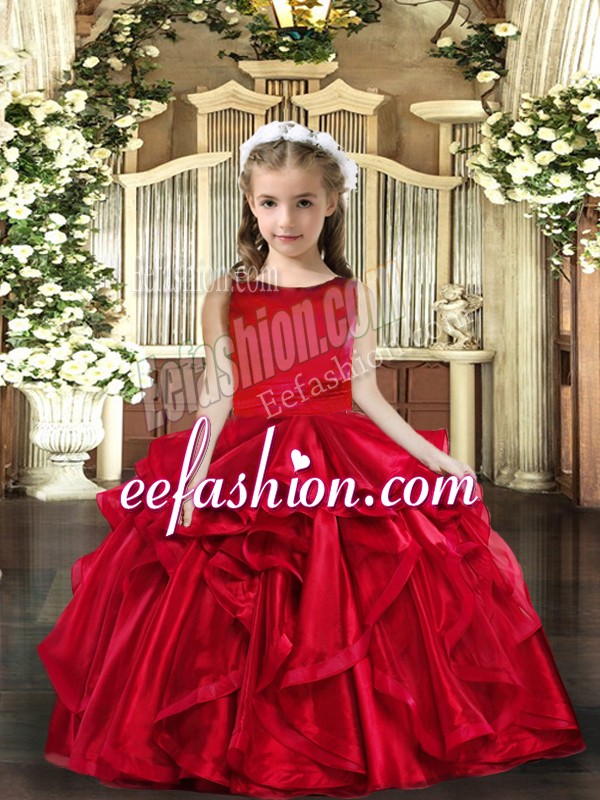  Floor Length Lace Up Child Pageant Dress Red for Party and Wedding Party with Ruffles