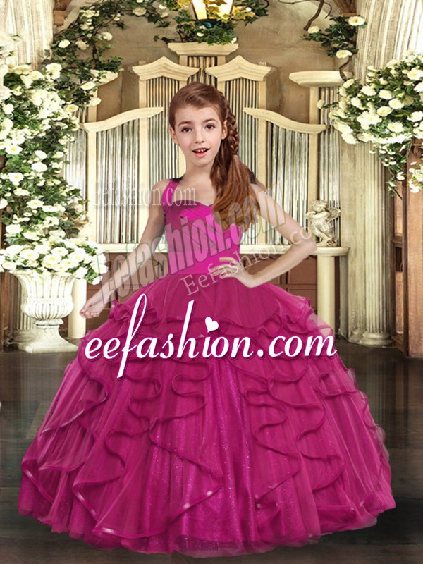  Ruffles Little Girl Pageant Dress Fuchsia Lace Up Sleeveless Floor Length