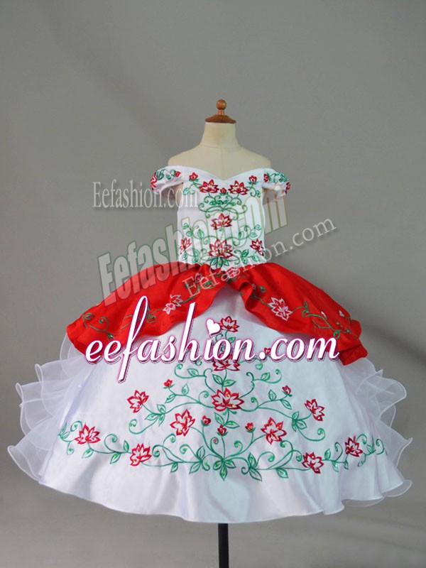  White And Red Off The Shoulder Neckline Embroidery and Ruffles Little Girl Pageant Dress Sleeveless Lace Up