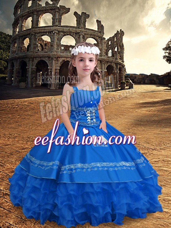  Blue Straps Zipper Embroidery and Ruffled Layers High School Pageant Dress Sleeveless