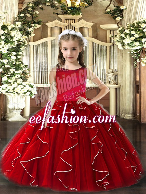 Dramatic Red Lace Up Kids Formal Wear Ruffles Sleeveless Floor Length