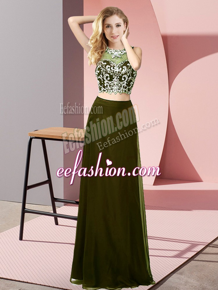  Olive Green Prom Dress Prom and Party with Beading Scoop Sleeveless Backless