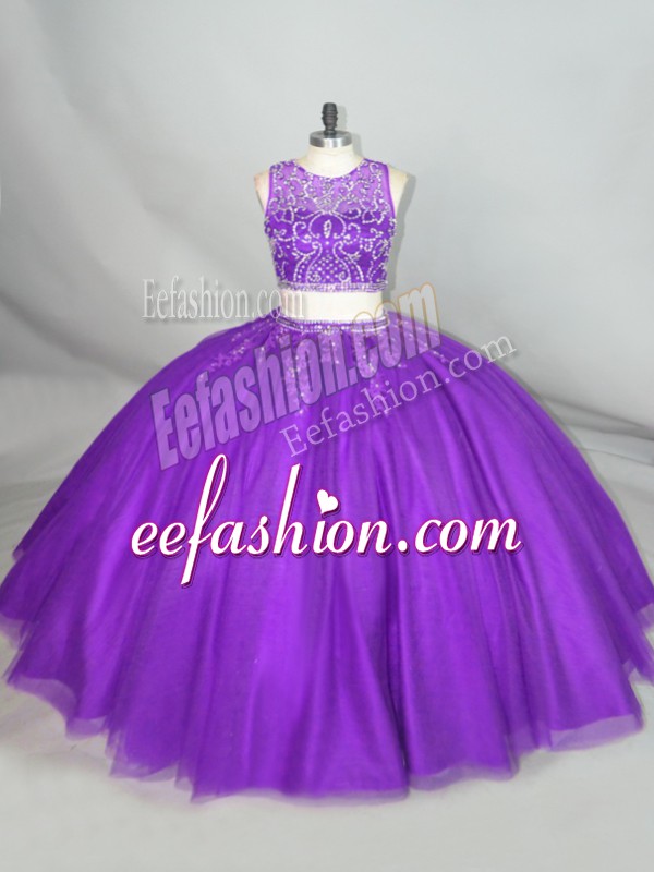 Fantastic Purple Two Pieces Scoop Sleeveless Tulle Zipper Beading Quince Ball Gowns