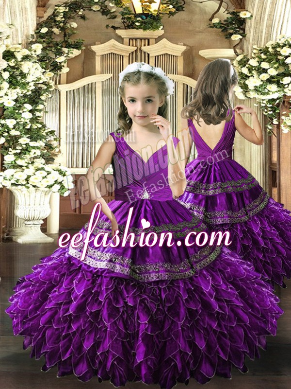 Eggplant Purple V-neck Neckline Beading and Appliques and Ruffles and Ruching Kids Pageant Dress Sleeveless Backless