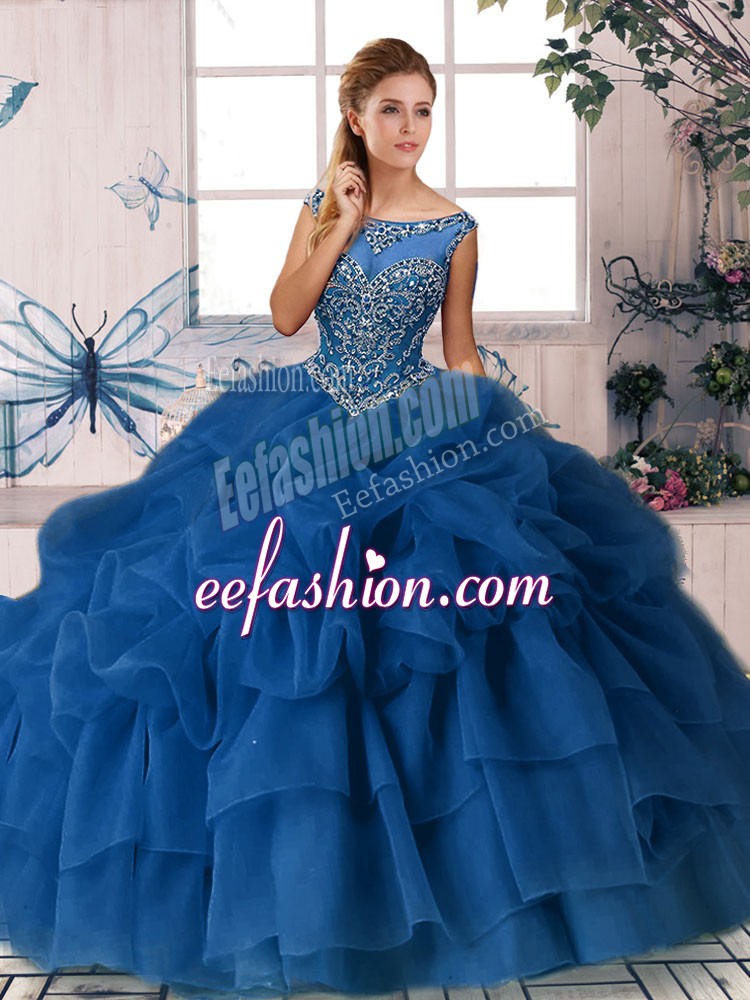 Affordable Sleeveless Brush Train Beading and Pick Ups Zipper Ball Gown Prom Dress