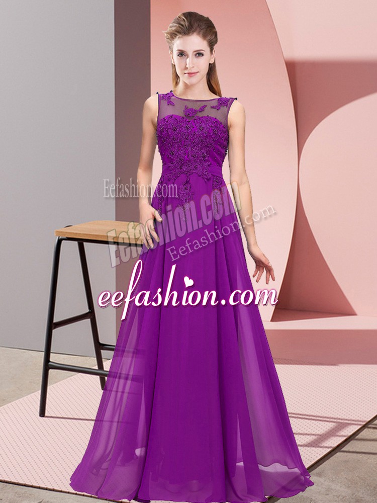  Scoop Sleeveless Zipper Wedding Party Dress Purple Chiffon
