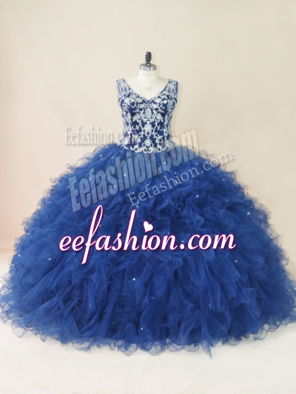  Navy Blue 15th Birthday Dress Sweet 16 and Quinceanera with Embroidery and Ruffles V-neck Sleeveless Backless