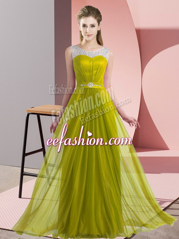  Olive Green Chiffon Lace Up Bridesmaid Gown Sleeveless Floor Length Beading