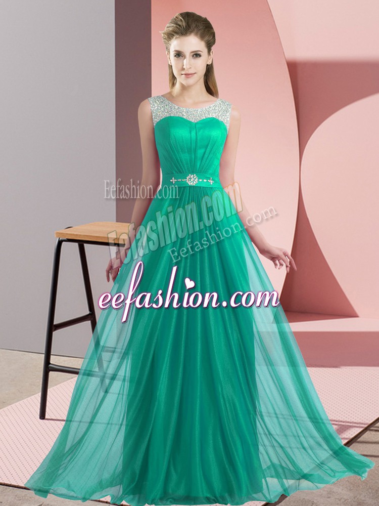 Comfortable Turquoise Scoop Lace Up Beading Bridesmaid Dresses Sleeveless