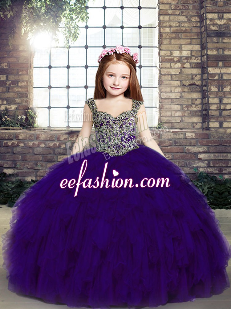  Purple Pageant Gowns Party and Military Ball and Wedding Party with Beading Straps Sleeveless Lace Up