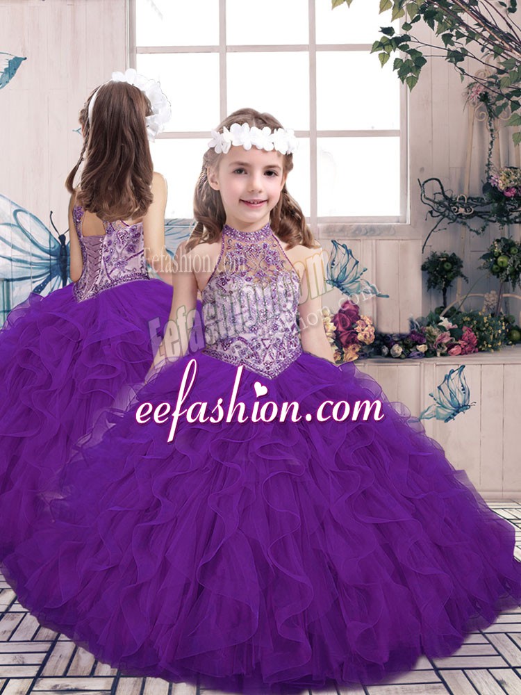 Customized Tulle High-neck Sleeveless Lace Up Beading and Ruffles Little Girl Pageant Dress in Purple