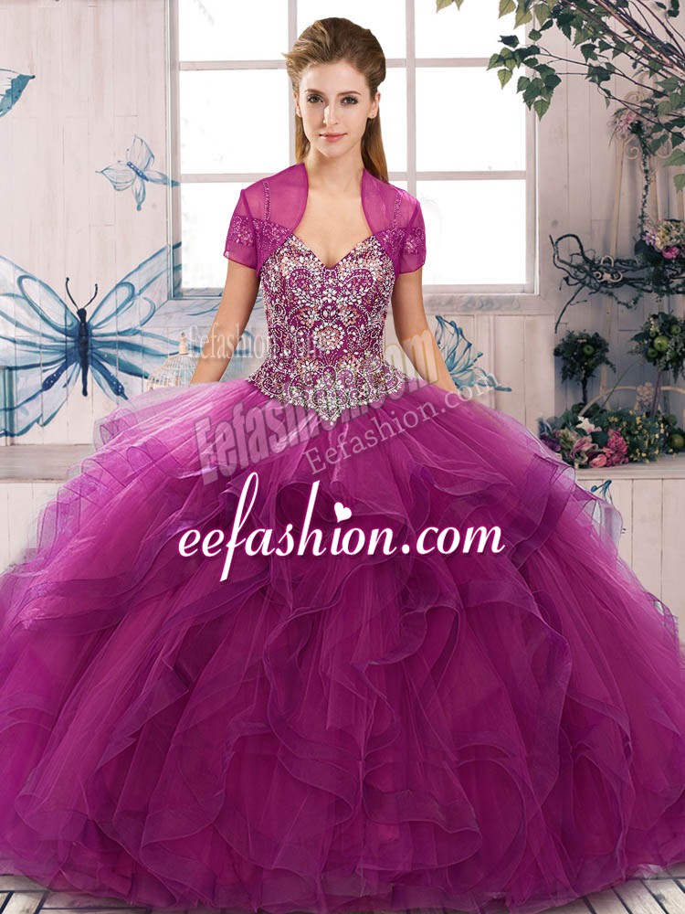  Fuchsia Quinceanera Gown Military Ball and Sweet 16 and Quinceanera with Beading and Ruffles Off The Shoulder Sleeveless Lace Up