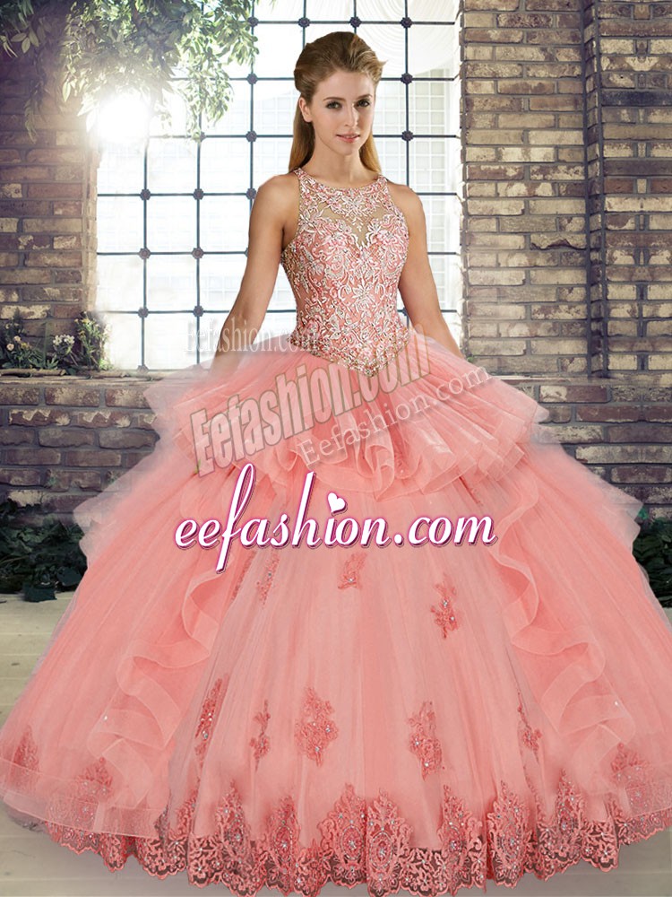 Simple Watermelon Red Scoop Neckline Lace and Embroidery and Ruffles Quinceanera Gown Sleeveless Lace Up