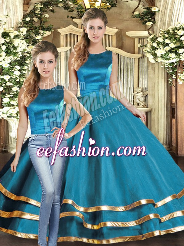  Teal Scoop Lace Up Ruffled Layers Sweet 16 Dresses Sleeveless