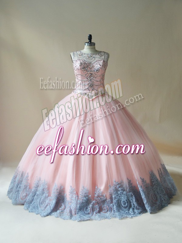 Top Selling Pink Lace Up Scoop Beading and Appliques Sweet 16 Dresses Tulle Sleeveless